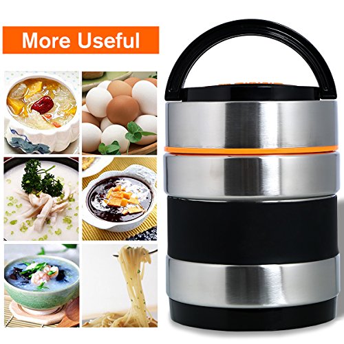 Vacuum Insulated Lunch Box Keep Food Warm Lunch Containers Stainless Steel Bento Box Thermal Insulating Food Carriers Leakproof Food Savors Heat Holding 8hr with Folding Spoon 3 Tiers - Thumbnail 2