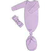 Newborn Baby Knotted Gown, Super Soft Silky Infant Long Sleeve Sleeper for Baby Girl and Boy Sleeping Bag with Hat