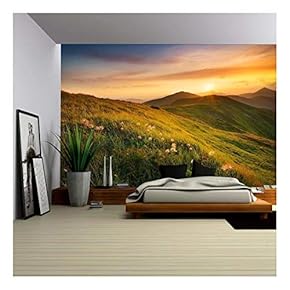 Mountain Field During Sunset. Beautiful Natural Landscape - Removable Wall Mural | Self-Adhesive Large Wallpaper - 66x96 inches
