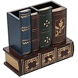 Decorative Library Books Design Wooden Office Supply Caddy Pencil Holder Organizer with Bottom Drawer (Office Product)