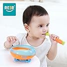 ReeR Stay Put Suction Bowl with Twisty Suction Base for Infant and Toddler-Self Feeding- Bonus Spoon and Fork (Orange and Blue)
