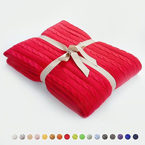 NTBAY 100% Cotton Cable Knit Throw Blanket Super Soft Warm Multi Color(51â€x 67â€, Red)