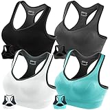 FITTIN Racerback Sports Bras - Padded Seamless High Impact Support for Yoga Gym Workout Fitness with Removable Pads 4 Pack (Black, Grey, White and Blue): Medium