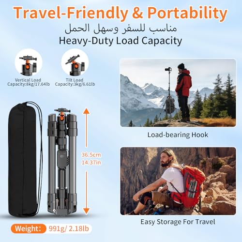 XXZU 191cm Camera Tripod, Phone Tripod with Remote Control, Aluminum Tripod for Camera with Phone Holder and 360° Rotula, Travel Tripod for Camera/Smartphone/Ring Light/Projector, Max Load 8KG