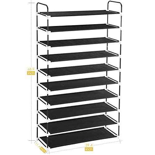 MaidMAX 10 Tiers Free Standing Shoe Rack for 50 Pairs of Shoes Organizer in Closet Entryway Hallway, Metal Frame and Fabric Shelves, 39.4 x 11.4 x 68.9'', Black