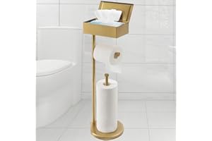 theaoo Toilet Paper Holder Stand with Shelf, Flushable Wipes Dispenser, Free Standing Toilet Tissue Roll Storage Rack Organizer for Bathroom, SUS304 Stainless Steel (Gold)