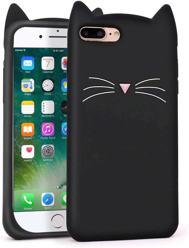 YONOCOSTA Cute iPhone 7 Plus Case, iPhone 8 Plus Case, Funny Fashion 3D Cartoon Animals Black Whisker Cat Ears Kitty Soft Silicone Shockproof Case Cover for iPhone 7 Plus/iPhone 8 Plus (5.5