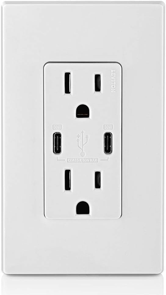 Leviton T5635-W USB Dual Type-C with Power Delivery (PD) In-Wall Charger with 15 Amp, 125 Volt Tamper-Resistant Outlet, 1-Pack, White - - 