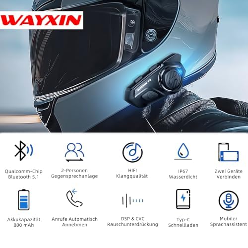 WAYXIN T2 Motorcycle Headset with Intercom, Helmet Communication System for 2 People in Range of 300 m, with Voice Assistant, Waterproof Hands-Free Calling, Music Call Control (1 Piece)