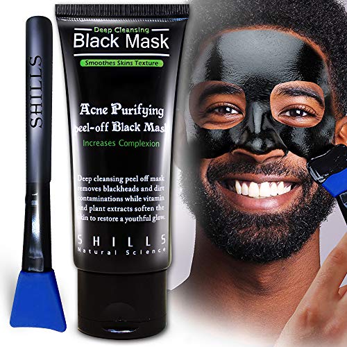 SHILLS Charcoal Mask for Men, Purifying Peel Off Mask, Black Face Mask Peel Off, Black Mask Deep Clean Pore, Blackhead Remover, 1 Bottle (1.69 fl. oz) and a Brush Set