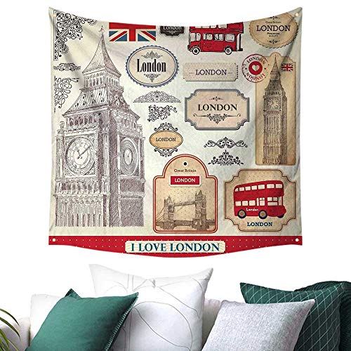 homehot London Wall Tapestry Hanging Conventional British Characteristics Big Ben Red Bus Tower and Bridge Banner Gift for Sheet/Blanket 47W x 47L Inch Red Ivory Sepia