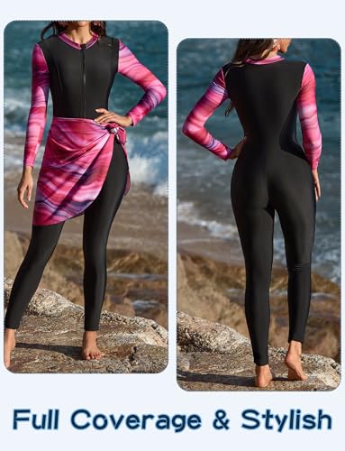 SEAUR Women Muslim Swimsuit 2 Pieces Islamic Burkini Modest Swimwear Full Cover Rash Guard Long Sleeve Swim Top with Pants Swimming Costume Set Summer Beachwear