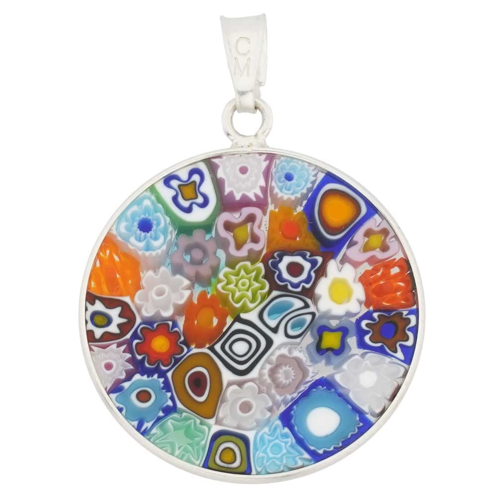 Glass Of Venice Murano Glass Millefiori Pendant Multicolor in Silver Frame 7/8"