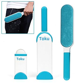 Toku Pet Fur and Lint Remover with Self-Cleaning Base Double-Sided Brush Removes Dog and Cat Hair From Clothes and Furniture (White, 20x10x10 cm)