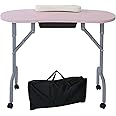 AGESISI Portable Manicure Table Foldable Nail Desk with Large Drawer Nail Tech Table for Technician Salon Workstation Client Wrist Cushion/Carry Bag/4 Lockable Wheels, 36-inch, Pink