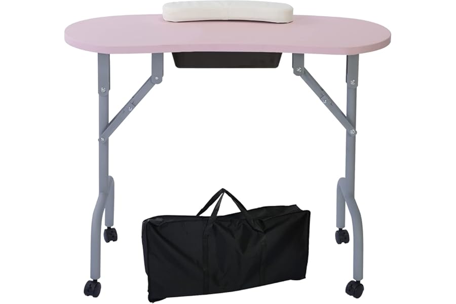 AGESISI Portable Manicure Table Foldable Nail Desk with Large Drawer Nail Tech Table for Technician Salon Workstation Client Wrist Cushion/Carry Bag/4 Lockable Wheels, 36-inch, Pink
