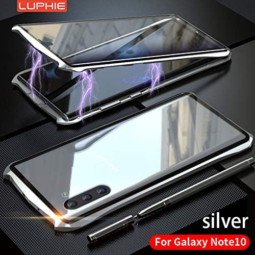 Front and Back Tempered Glass Galaxy Note10Plus, Metal Frame,Magnetic Adsorption Case Full Screen Coverage One-Piece Design Flip Cover(Silver, GalaxyNote10Plus)