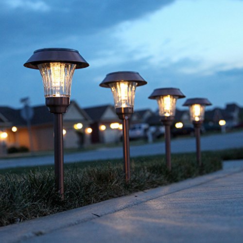 Copper Metal Solar Path Lights, Set of 4 Pathway Landscape Lighting, Warm White LEDs, Rechargeable, Waterproof