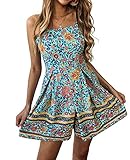 PRETTYGARDEN Women's Cute Spaghetti Strap Boho Flower Printed Tie Waist Beach Romper Short Jumpsuit (Green, Large)