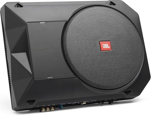 JBL BassPro SL2 Aktiv Subwoofer Auto Set - Car hifi Untersitz Bassbox Gehäuse mit Bassreflex Woofer box groß 200mm und 125 Watt aktiver Verstärker, Sc