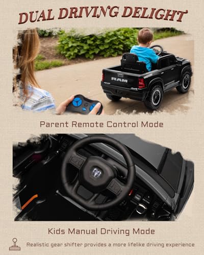 First Ride On 12v Licensed Ram 1500 Rho Kids Ride on Car, Ride on Toys w/Parent Remote Control, Electric Car for Kids with Smooth Start, Truck Bed Storage, 3 Point Safety Belt, Bluetooth(Black)
