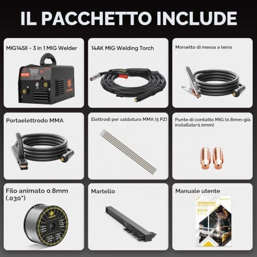 MIG145II 145A Saldatrice a Filo Continuo No Gas, 3 in 1 MIG/ARC/Lift TIG, Avanzamento Filo Sinergico, IGBT Inverter, Display LED, Compatta per Principianti & Hobby Domestico