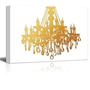 Wll Art Golden Glittering Chandelier on White Background and Stretched