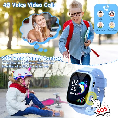 Smartwatch Bambini 4G con GPS e Videochiamate, Orologio Telefono per Bambini con SOS, Localizzazione in Tempo Reale, Modalità Scuola, Fotocamera, Giochi, Sveglia, Impermeabile IP68, Regalo 4-15 Anni