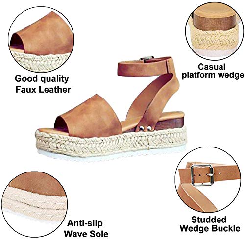 Joywow Women Sandals Casual Espadrilles Sandals Open Toe Platform Strappy Studded Wedge Buckle Ankle Strap Mid Heel Sandals (8 M US, C Brown Women Sandals) - Thumbnail 4