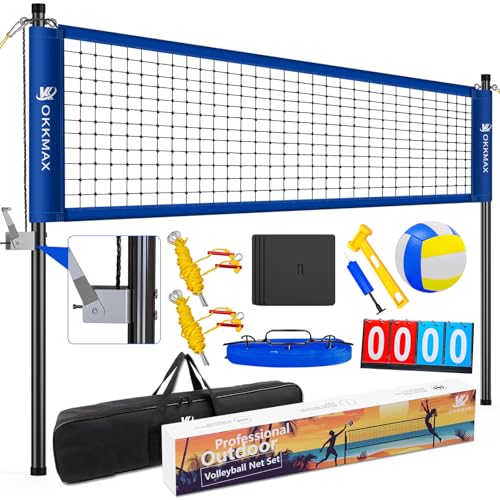 Professional Outdoor Volleyball Net Set with Adjustable Poles & Anti-Sag Design, Portable Volleyball Net Includes Beach Fixed Plate, Scoreboard, Boundary Line & Carry Bag for Backyard Beach