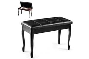 HAPPYGRILL Piano Bench with PU Leather Padded Cushion Comfortable Double Duet Seat Stool with Storage and Solid Wooden Leg