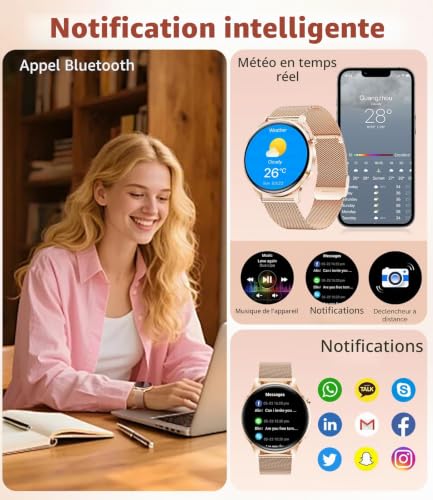 HIRREO Women's Smart Watch with Bluetooth Calling, 1.32 Inch AMOLED Smartwatch, 120+ Sports Sleep, Pedometer, Heart Rate/Sleep/IP68 Waterproof Running Watch Compatible with Android iOS (Gold)