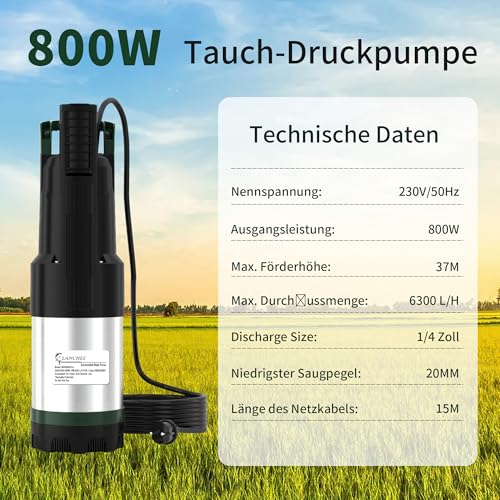 LANCHEZ Submersible Pressure Pump, 3 Inox, 800 W Submersible Pressure Pump, 6300 l/h Flow Rate, Maximum Delivery Head 37 m, Integrated Dry Run Protection for Deep Chute, Vertical Chute, Gardening
