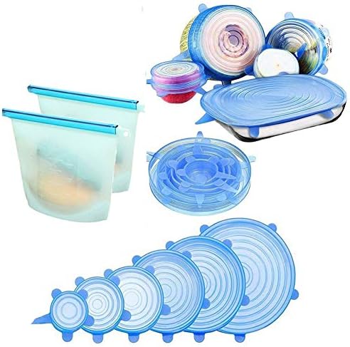HpyAlwys Silicone Stretch Lids,Various Sizes Reuseable Food Storage Covers for Bowl, Can, Jar, Glassware, Food Saver Set of 6 + 2 Packs Silicone Food Storage Bags(8 Packs)