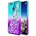 Huawei Honor 7X Case, Huawei Mate SE w/[Full Coverage Tempered Glass Screen Protector], NageBee Glitter Liquid Quicksand Waterfall Floating Flowing Sparkle Bling Diamond Girls Cute Case -Aqua/Purple