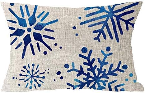 Happy Winter Holiday Watercolor Blue Ice Snowflakes Merry Cotton Linen Square Throw Waist Pillow Case Decorative Cushion Cover Pillowcase Sofa 12X20 inches