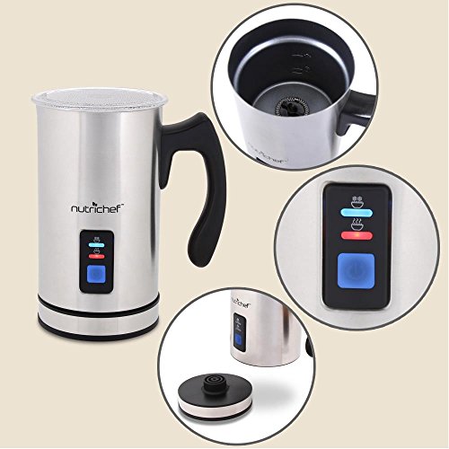 NutriChef Upgraded Dual Electric Milk Frother and Warmer - Sleek Compact Stainless Steel Steamer w/ Automatic Power Off Function and LED Light Indicator Perfect for Foamer and Creamy Latte - PKMFR14