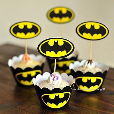 Set of 12 Batman Kids Birthday Party Cupcake Liner Wrap Wrappers with Toppers