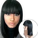 Brazilian Human Hair Bob Wigs with Bangs Yaki Machine Made Glueless Short Wigs with Wood comb and Wig Cap (12 Inch, Natural Color） (#1 jet black)
