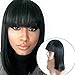 Brazilian Human Hair Bob Wigs with Bangs Yaki Machine Made Glueless Short Wigs with Wood comb and Wig Cap (12 Inch, Natural Color） (#1 jet black)