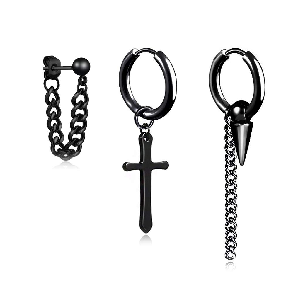 Huggie Hoop Earrings For Men With Cross Chain Spikes Awl Dangle Black 316l Stainless Steel Punk Hip Hop Rock Gothic Kpop Earrings For Men Women — image 1