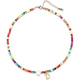 Mikovivi Initial Beaded Necklace, Colorful Cute Beaded Necklace with Heart Shells Stylish Letter Pendant Necklace Handmade Personalized A-Z Gifts for Women Girls (Letter D)