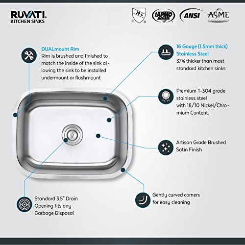 Ruvati RVM4132 Undermount 16 Gauge 24" Kitchen Single Bowl Sink, Stainless Steel