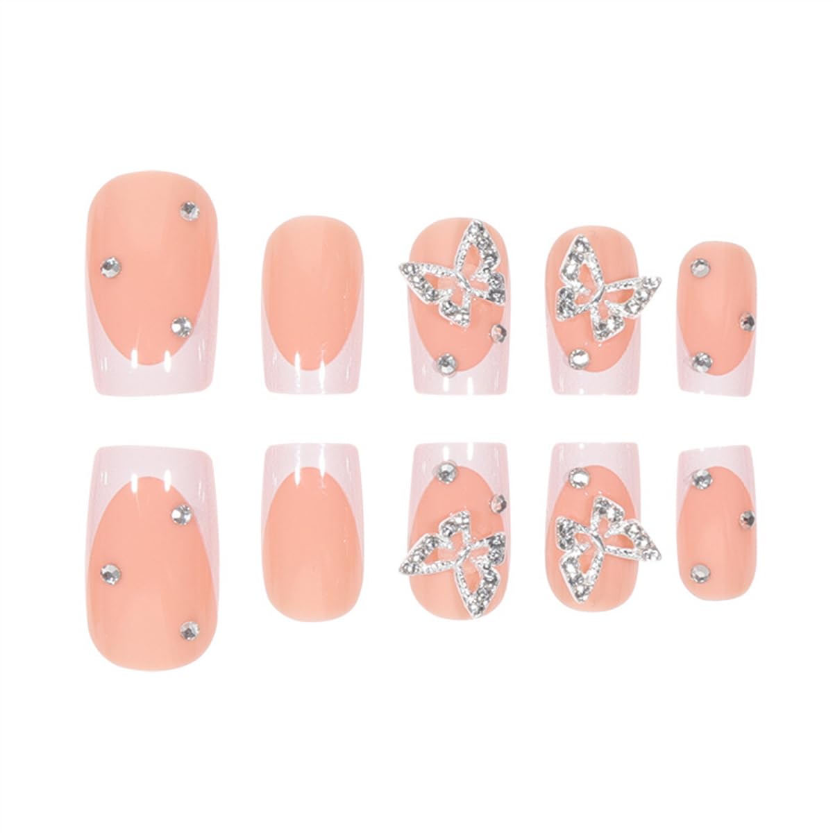 24pcs Short Press-on Nails: Square French Tip with Charms, Butterfly Designs, White Tips, Full Cover Glue-on Nails for Women's Finger Manicure - Image 3