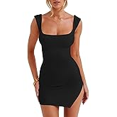 Misng Womens Sexy Mini Sleeveless Dress Square Neck Backless High Side Slit Ruched Bodycon Cocktail Club Party Short Dresses