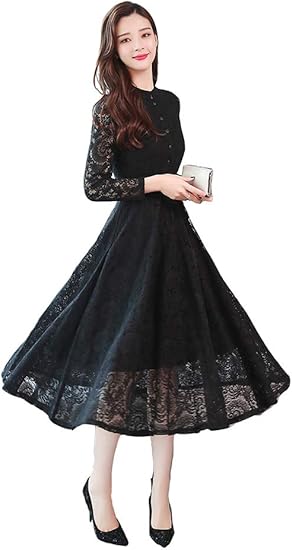 Amazon Vemaor ワンピース 結婚式 ドレス 黒 パーティー ドレス 大きいサイズ 春 夏 レースワンピース ロングドレス 長袖 Aライン 二次会 上品 代 30代 40代 50代 ワンピース チュニック 通販