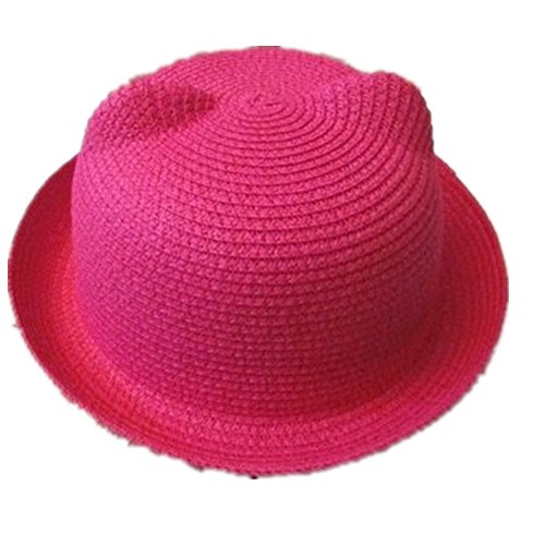 Aksautoparts Womens Cute Cat Ears Straw Bow Summer Beachwear Hat (Rose Red)