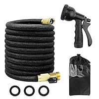 YOBAYE 50ft Expandable Garden Hose Flexible Expanding Pocket Water Hose with 8-Pattern Spray Nozzle,Extra Strength Fabric,Strong Brass Connectors,Kink Free Water Hose Kit for Watering Planting,Black