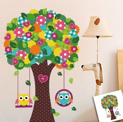 Cute Owls Swing Large Flower Tree Removable Vinyl Wall Stickers Mural Home Decal Kids Room Decor