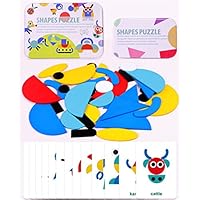 Mesgyno Wooden Pattern Blocks Animals Jigsaw Puzzle Sorting and Stacking Games Montessori Educational Toys for Toddlers Kids Boys Girls Age 3+ Years Old (36 Shape Pieces& 60Design Cards in Iron Box)